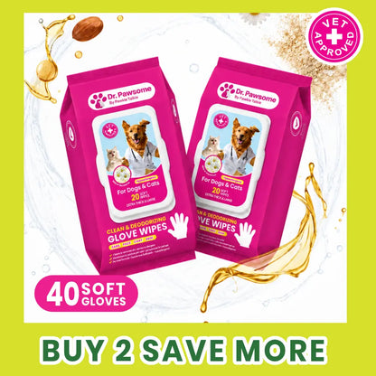 Dr. Pawsome Clean & Deodorizing Glove Wipe - Hypoallergenic Natural Pet-Safe Vet Approved for Dogs & Cats
