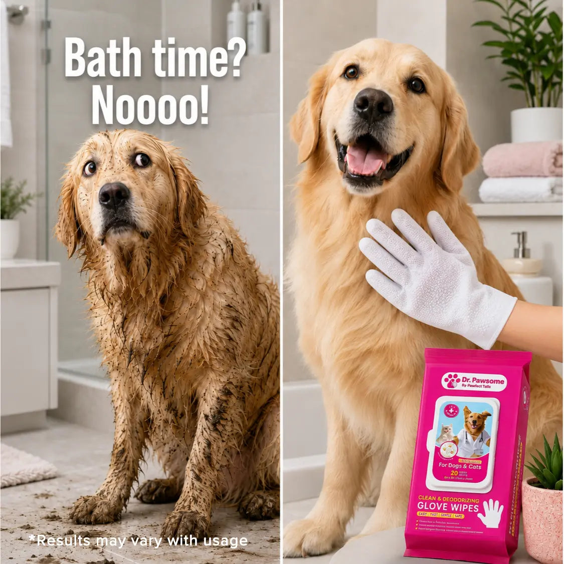 Dr. Pawsome Clean & Deodorizing Glove Wipe - Hypoallergenic Natural Pet-Safe Vet Approved for Dogs & Cats