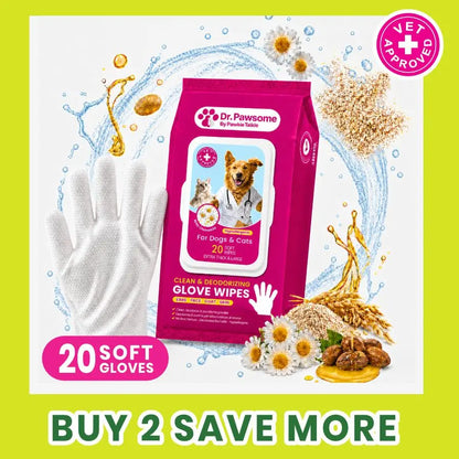 Dr. Pawsome Clean & Deodorizing Glove Wipe - Hypoallergenic Natural Pet-Safe Vet Approved for Dogs & Cats