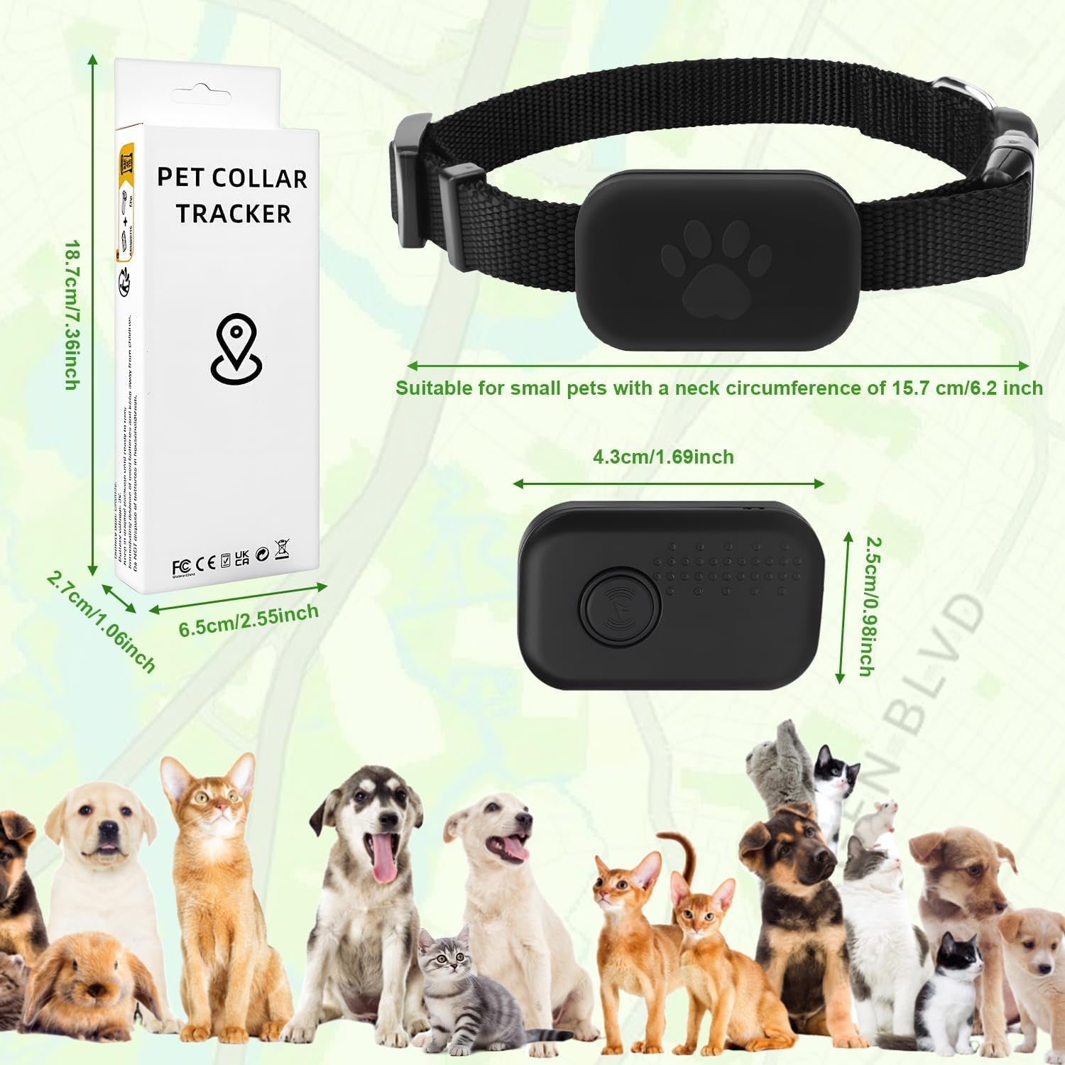 Cat Tracker Collar for Pet, Real Time Dog GPS Tracker No Monthly Fee, No SIM Required, Compatible with Ios/Android, Global Tracking Device for All Cats Dogs and All Collars (C)