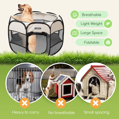 Pet Playpen Portable Foldable Dog Cat Puppy Pen for Indoors Outdoor Pop up Pet Fence Breathable Mesh Pet Carrier Kennel Soft Cage Tent for Rabbit Hamster Guinea Pig Beige Gray,24.4X24.4X17.7In