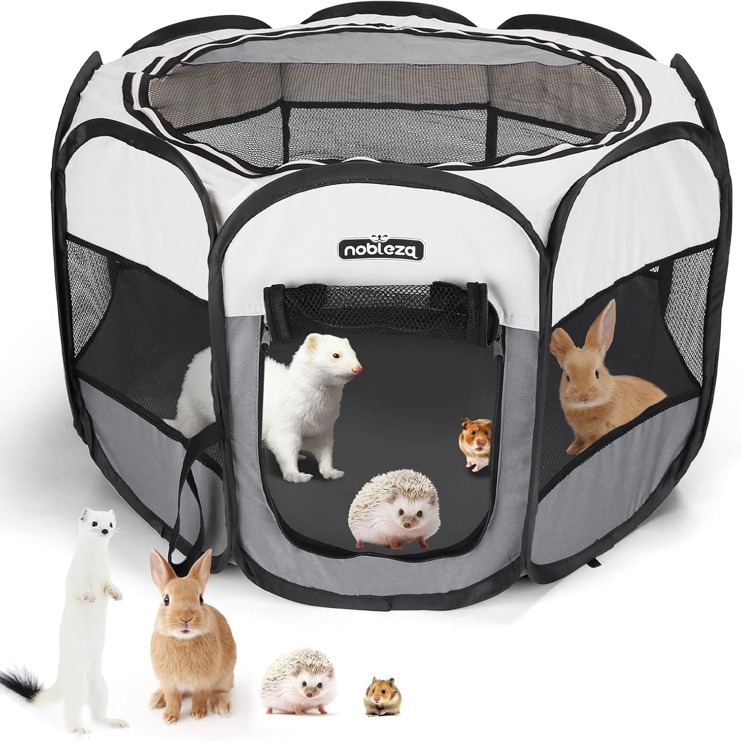 Pet Playpen Portable Foldable Dog Cat Puppy Pen for Indoors Outdoor Pop up Pet Fence Breathable Mesh Pet Carrier Kennel Soft Cage Tent for Rabbit Hamster Guinea Pig Beige Gray,24.4X24.4X17.7In