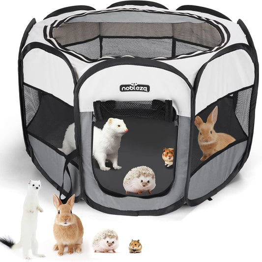 Pet Playpen Portable Foldable Dog Cat Puppy Pen for Indoors Outdoor Pop up Pet Fence Breathable Mesh Pet Carrier Kennel Soft Cage Tent for Rabbit Hamster Guinea Pig Beige Gray,24.4X24.4X17.7In