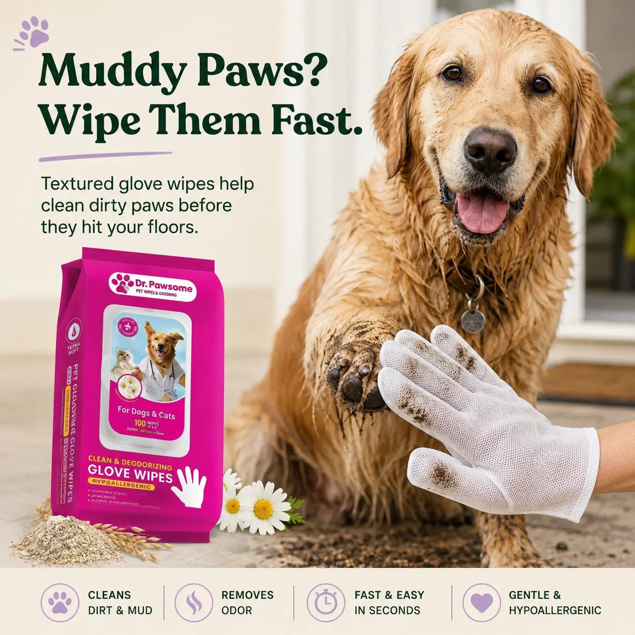 Dr. Pawsome Clean & Deodorizing Glove Wipe - Hypoallergenic Natural Pet-Safe Vet Approved for Dogs & Cats