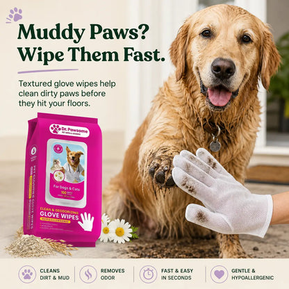 Dr. Pawsome Clean & Deodorizing Glove Wipe - Hypoallergenic Natural Pet-Safe Vet Approved for Dogs & Cats