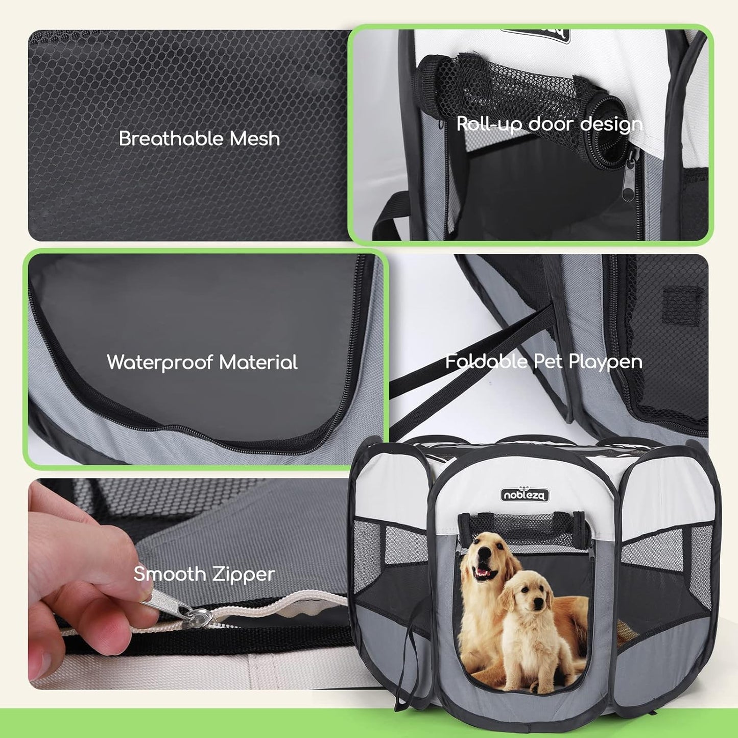Pet Playpen Portable Foldable Dog Cat Puppy Pen for Indoors Outdoor Pop up Pet Fence Breathable Mesh Pet Carrier Kennel Soft Cage Tent for Rabbit Hamster Guinea Pig Beige Gray,24.4X24.4X17.7In